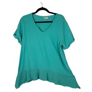 Cottonways Teal Crochet Hem Waterfall Asymmetrical Hem Blouse Size 2 US L/XL
